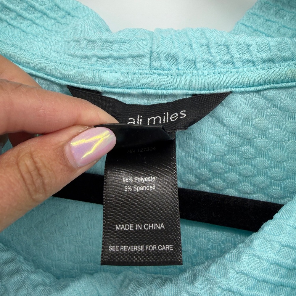 Ali Miles Womens Aqua Blue Waffle Knit Cowl Neck Roll Tab Sleeve Tunic Top Large - Picture 7 of 10